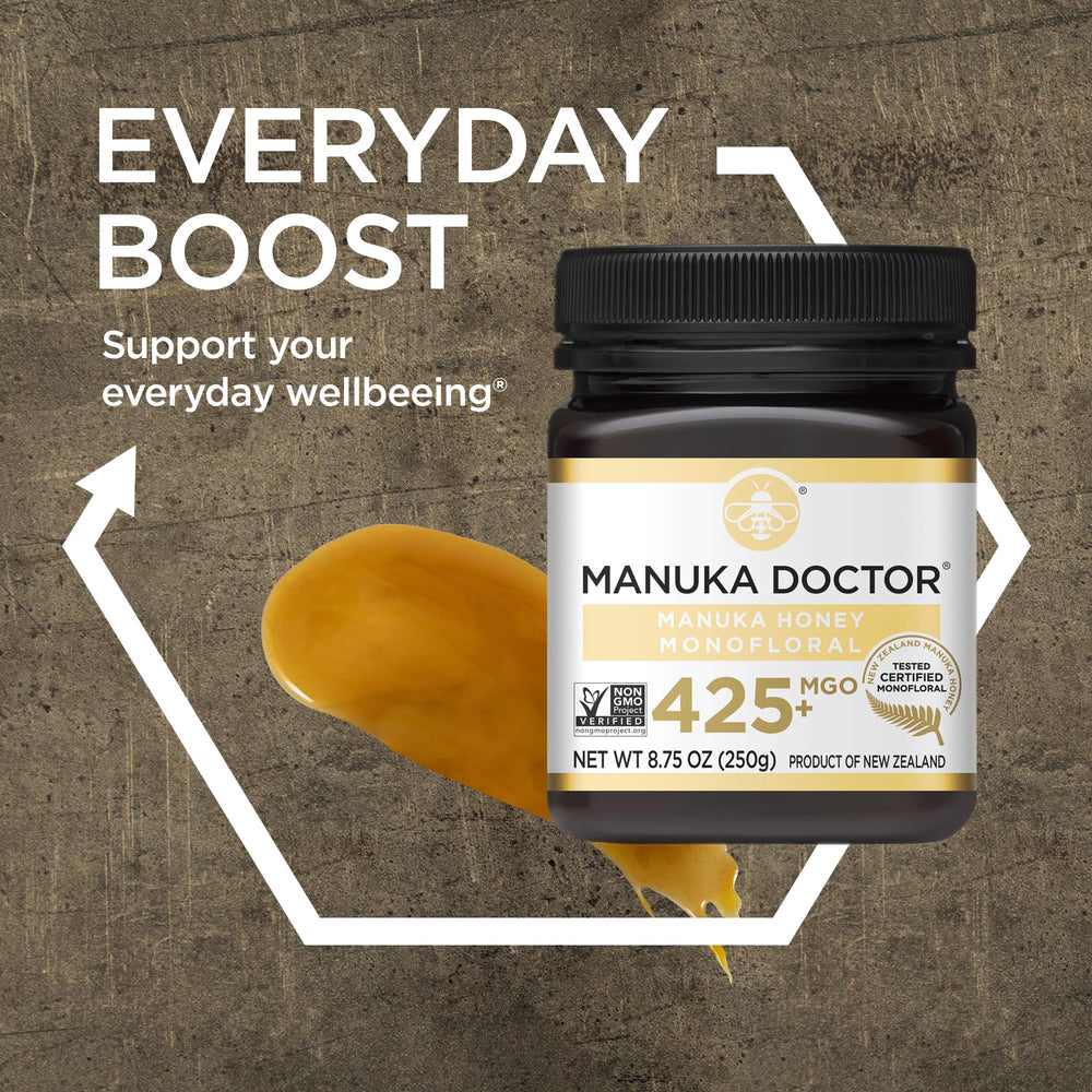 Manuka Doctor honey drizzled over muesli, adding natural sweetness and flavorful depth