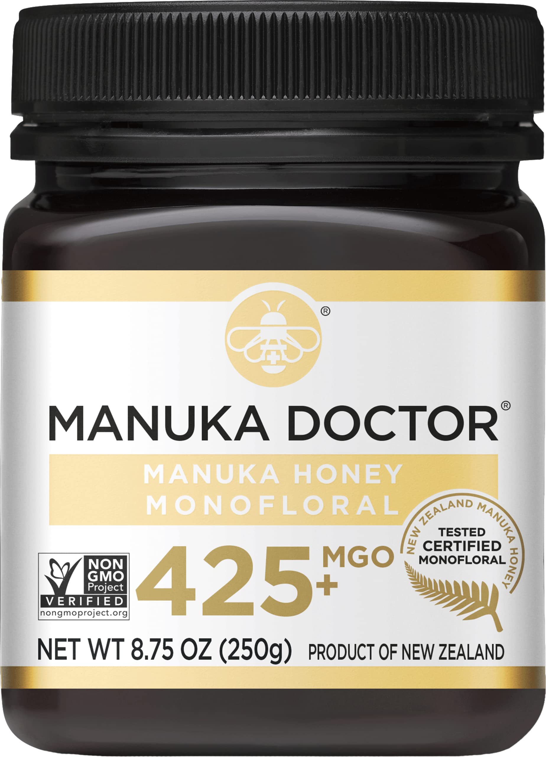 Manuka Doctor front jar showing label and amber honey, clear product presentation and trust