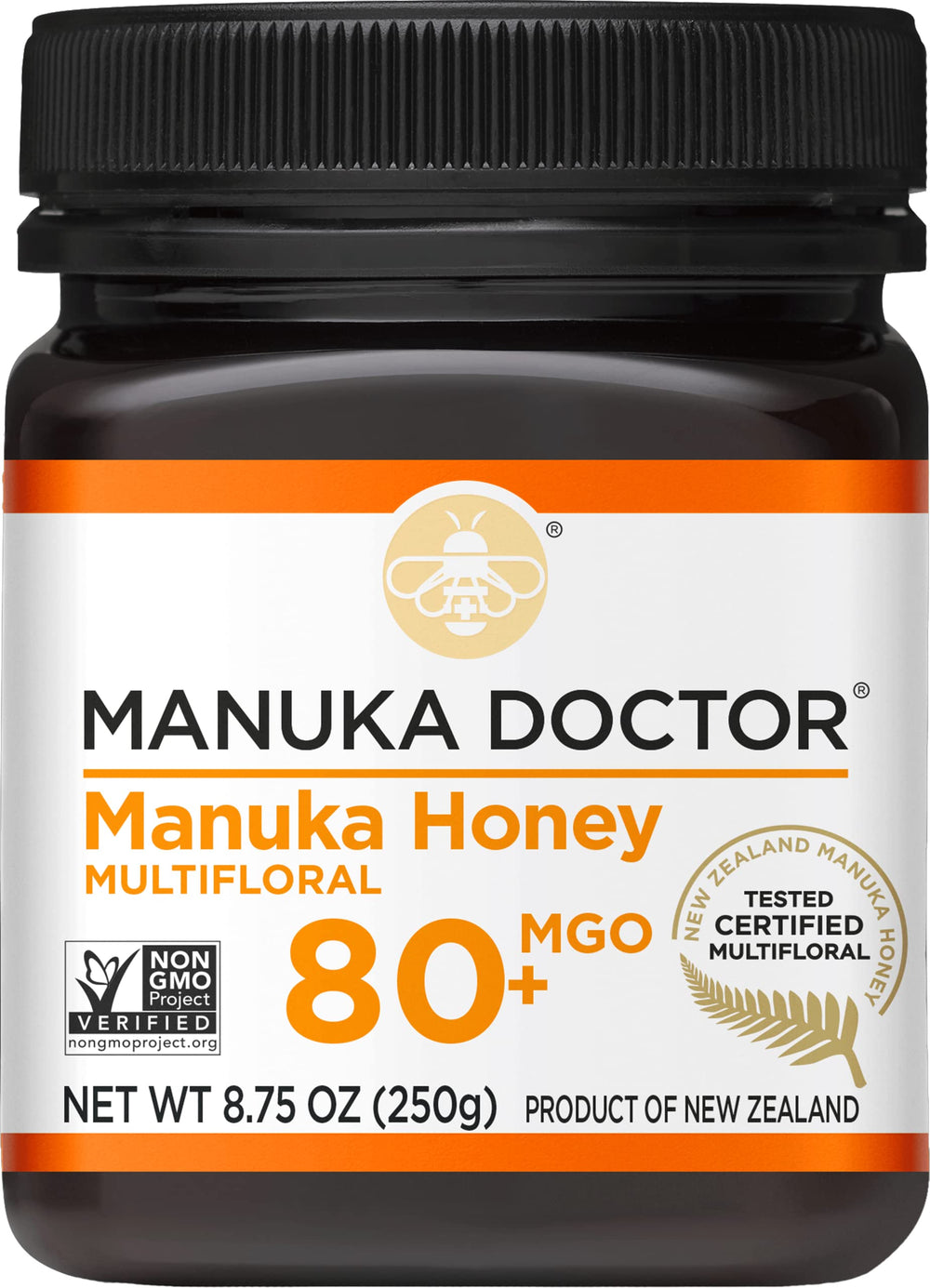 Manuka Doctor front jar view showing brand and MGO 80+ for confident choice