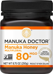 Manuka Doctor front jar view showing brand and MGO 80+ for confident choice