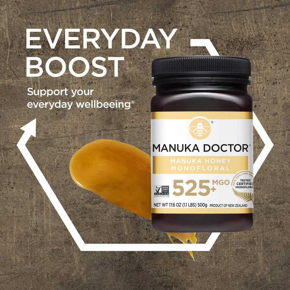Manuka Doctor label with MGO 525+ badge showing certified potency and origin