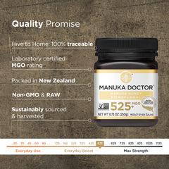 Manuka Doctor label closeup displaying certification and origin benefit
