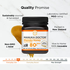 Manuka Doctor jar open with honey pouring to show smooth texture and use