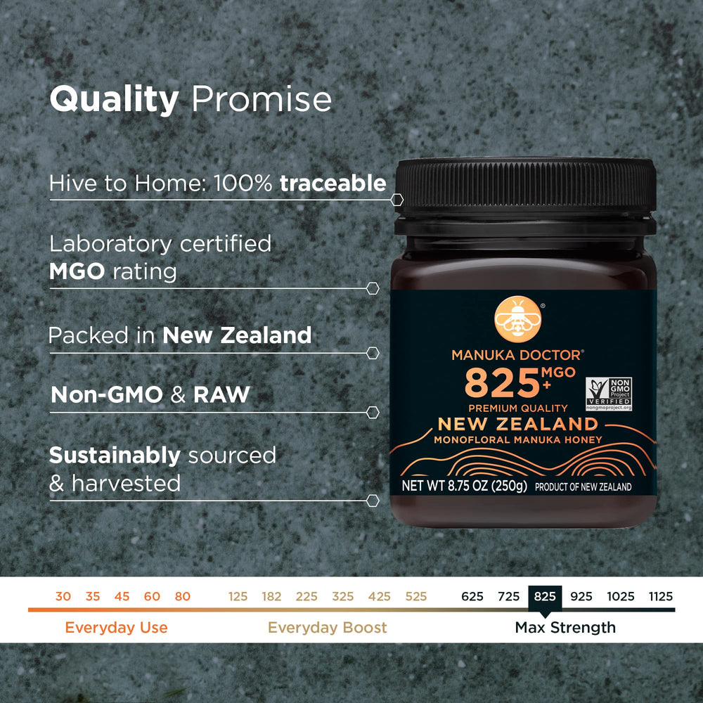 Manuka Doctor label close-up showing MGO 825+ certification and source