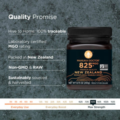 Manuka Doctor label close-up showing MGO 825+ certification and source
