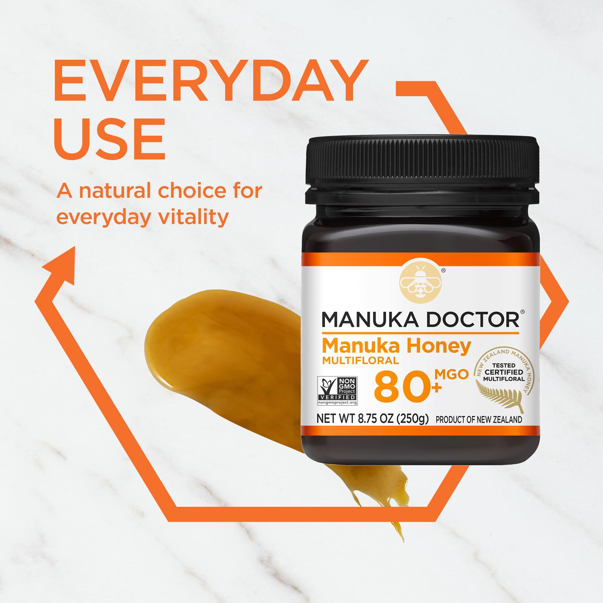 Manuka Doctor spoon drizzling honey over toast demonstrating serving idea