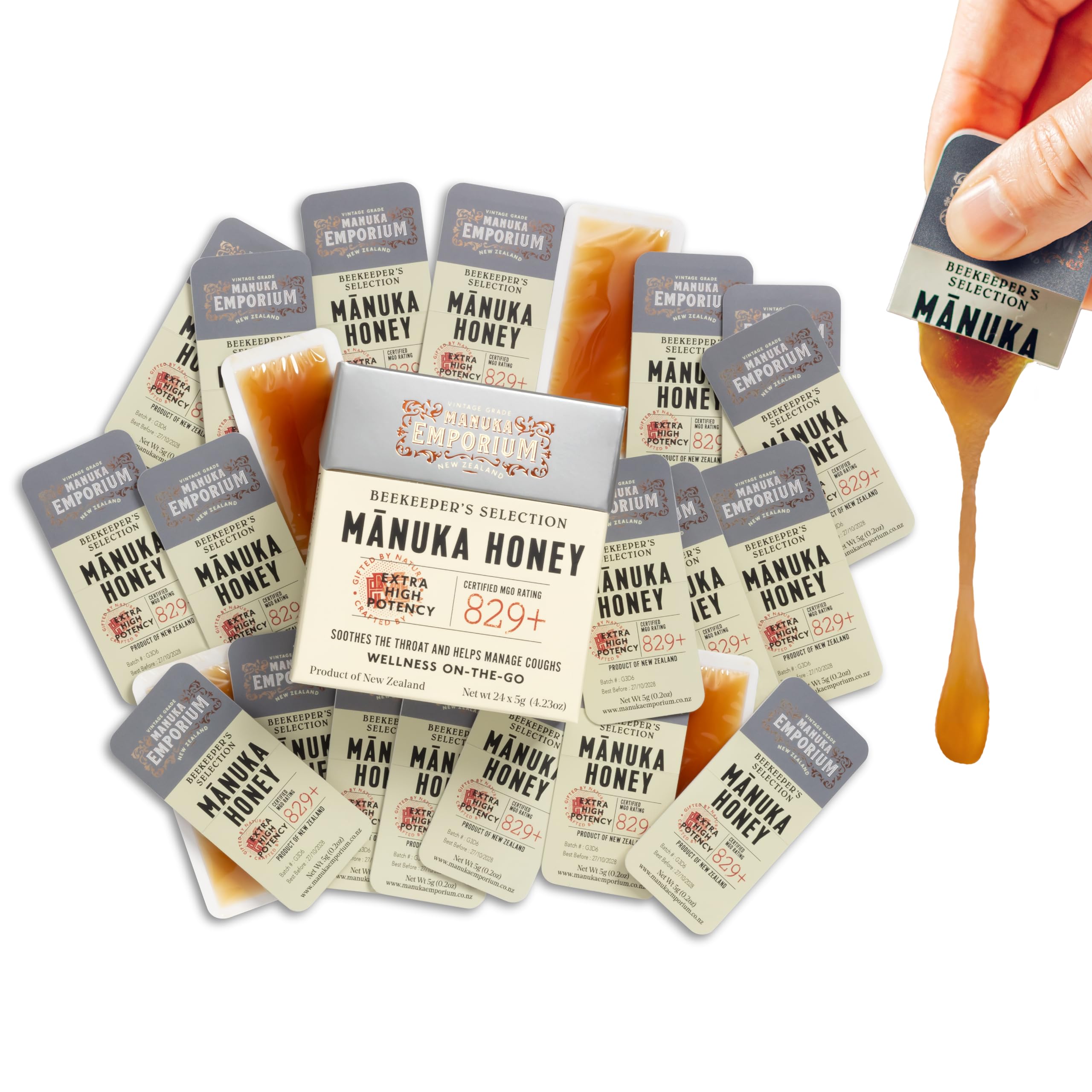 Manuka Emporium front packaging snap packet showing single-serve convenience and premium look