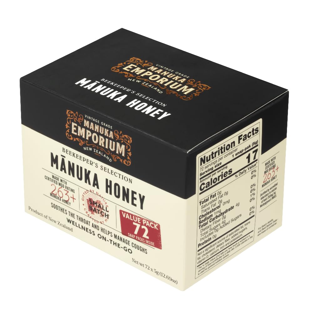 Manuka Emporium front pouch showing 72 packets and brand clarity benefit