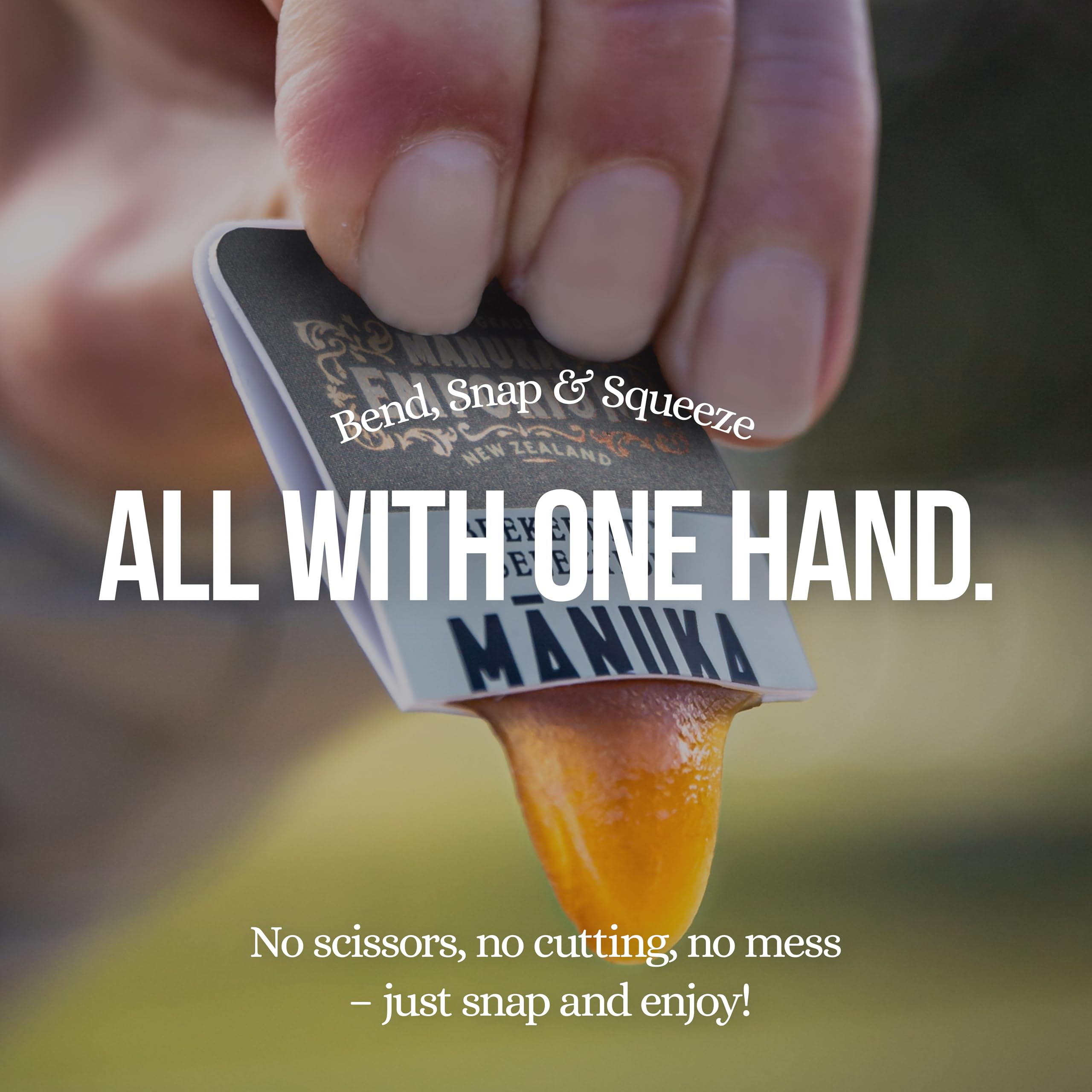 Manuka Emporium packet opened and honey drizzling to show easy use and clean serving