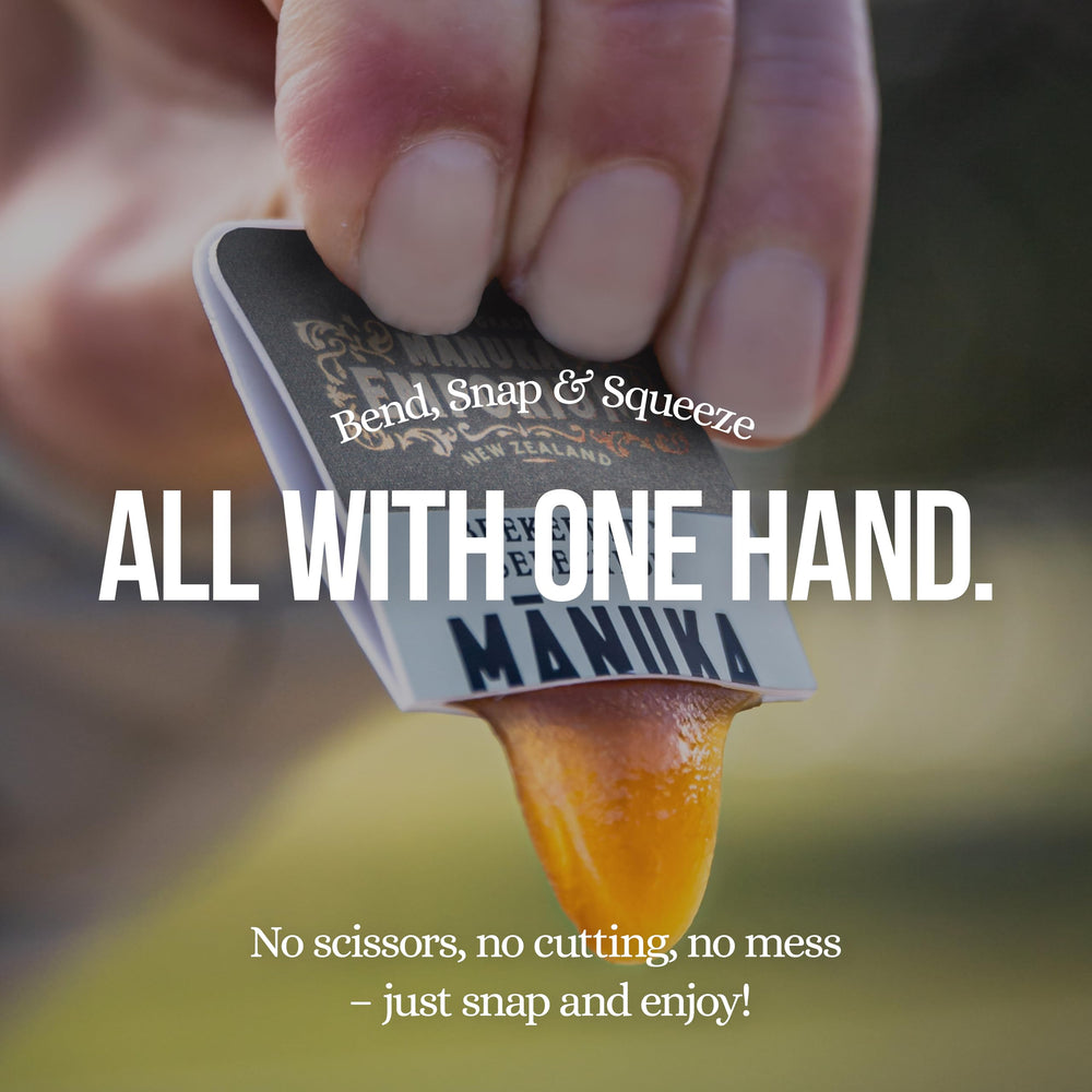 Manuka Emporium packet opened and honey drizzling to show easy use and clean serving