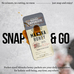 Manuka Emporium snap packet in hand for scale showing portable, travel-ready portion