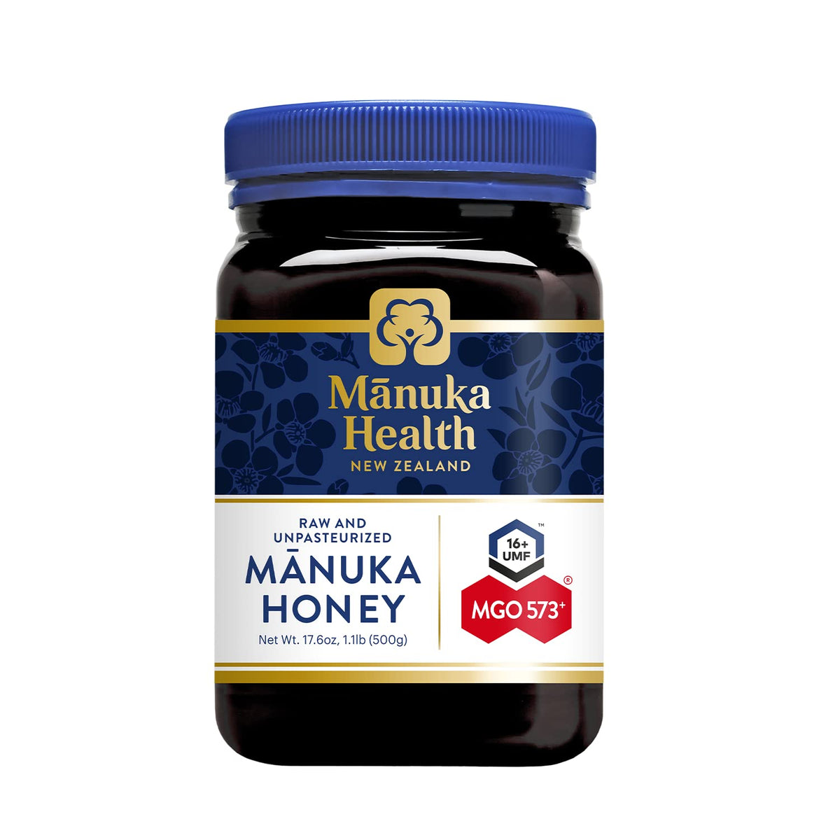 Manuka Health jar front label showing UMF 16+ and MGO 573+ for confident selection