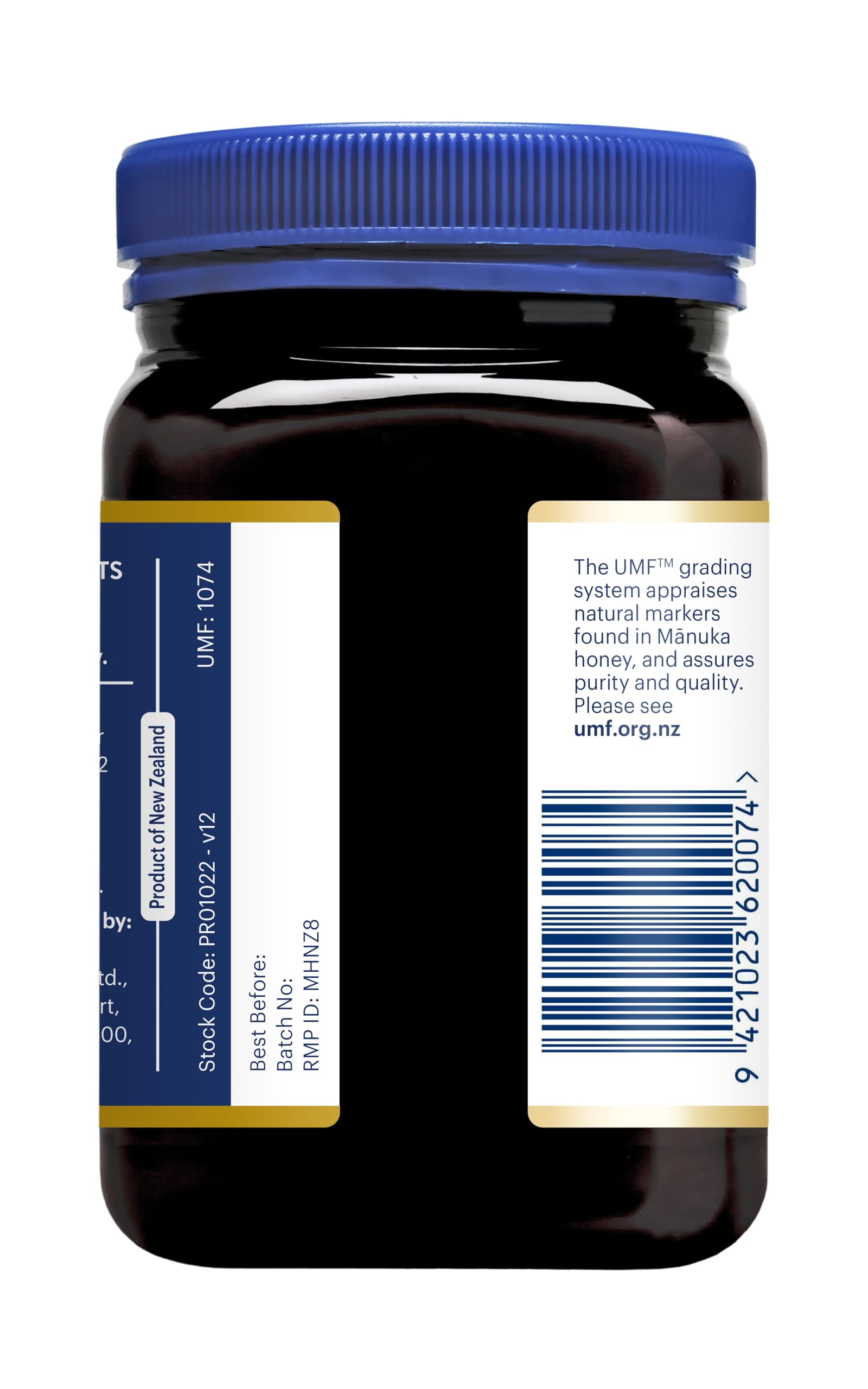 Manuka Health 500g jar next to a scale communicating full-size quantity benefit