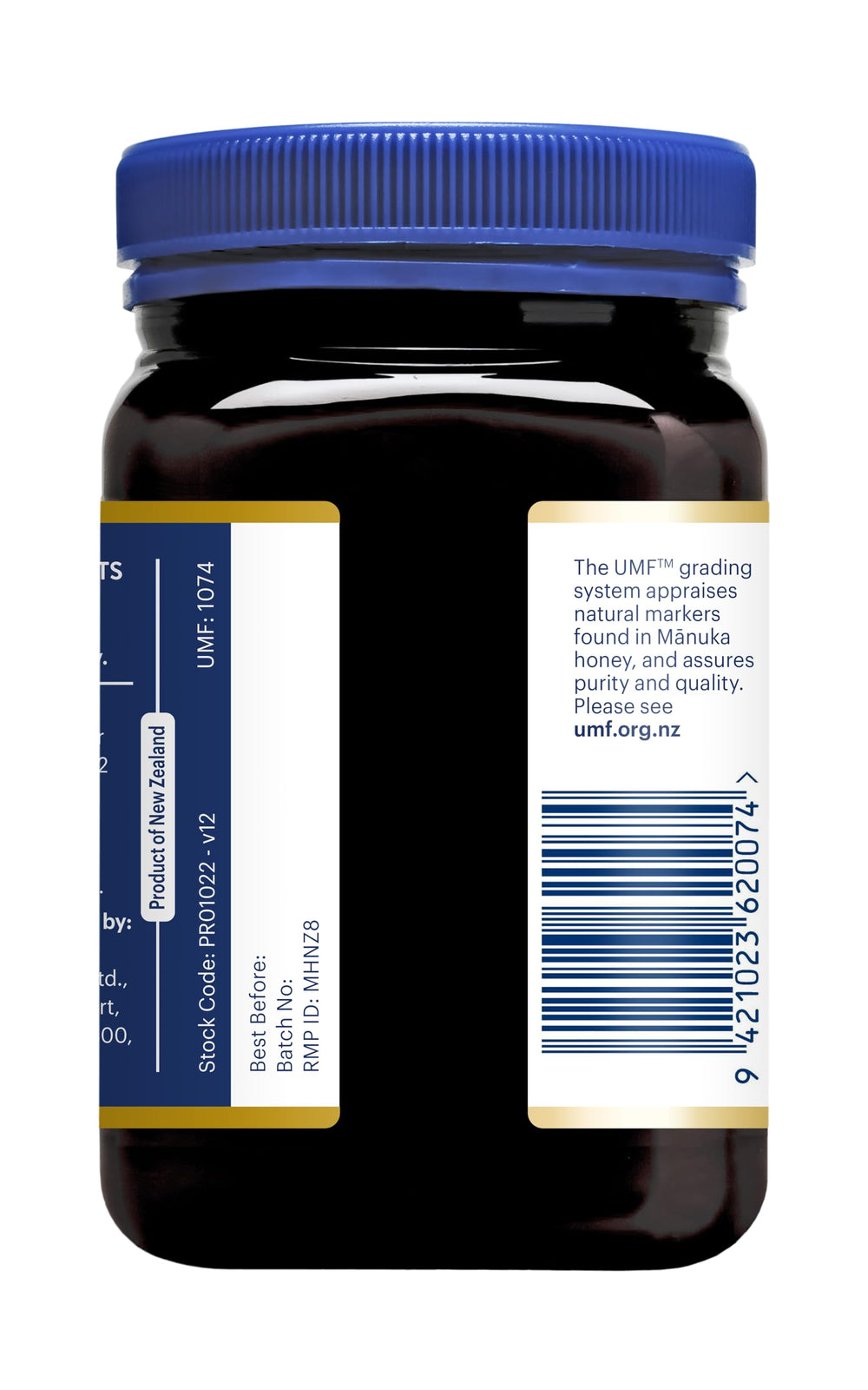 Manuka Health 500g jar next to a scale communicating full-size quantity benefit