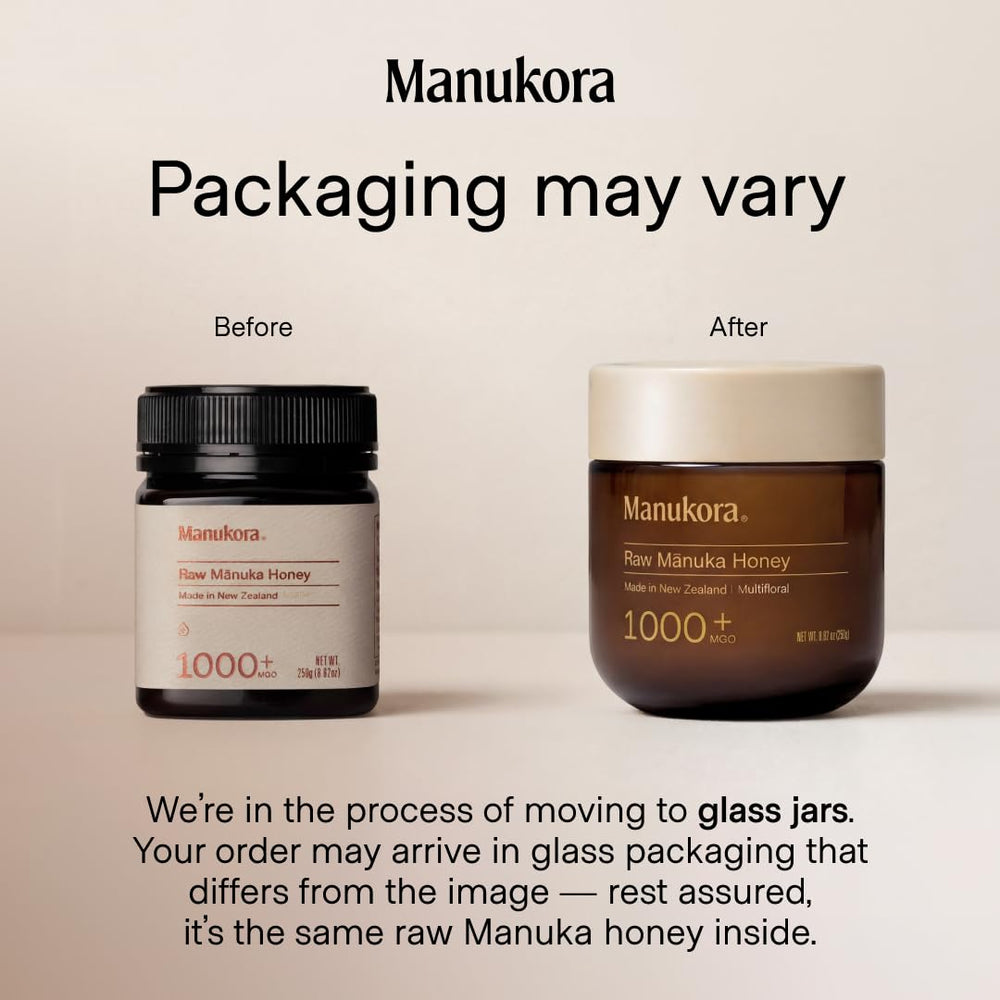 Manukora jar top close-up showing thick texture benefit: visible creaminess