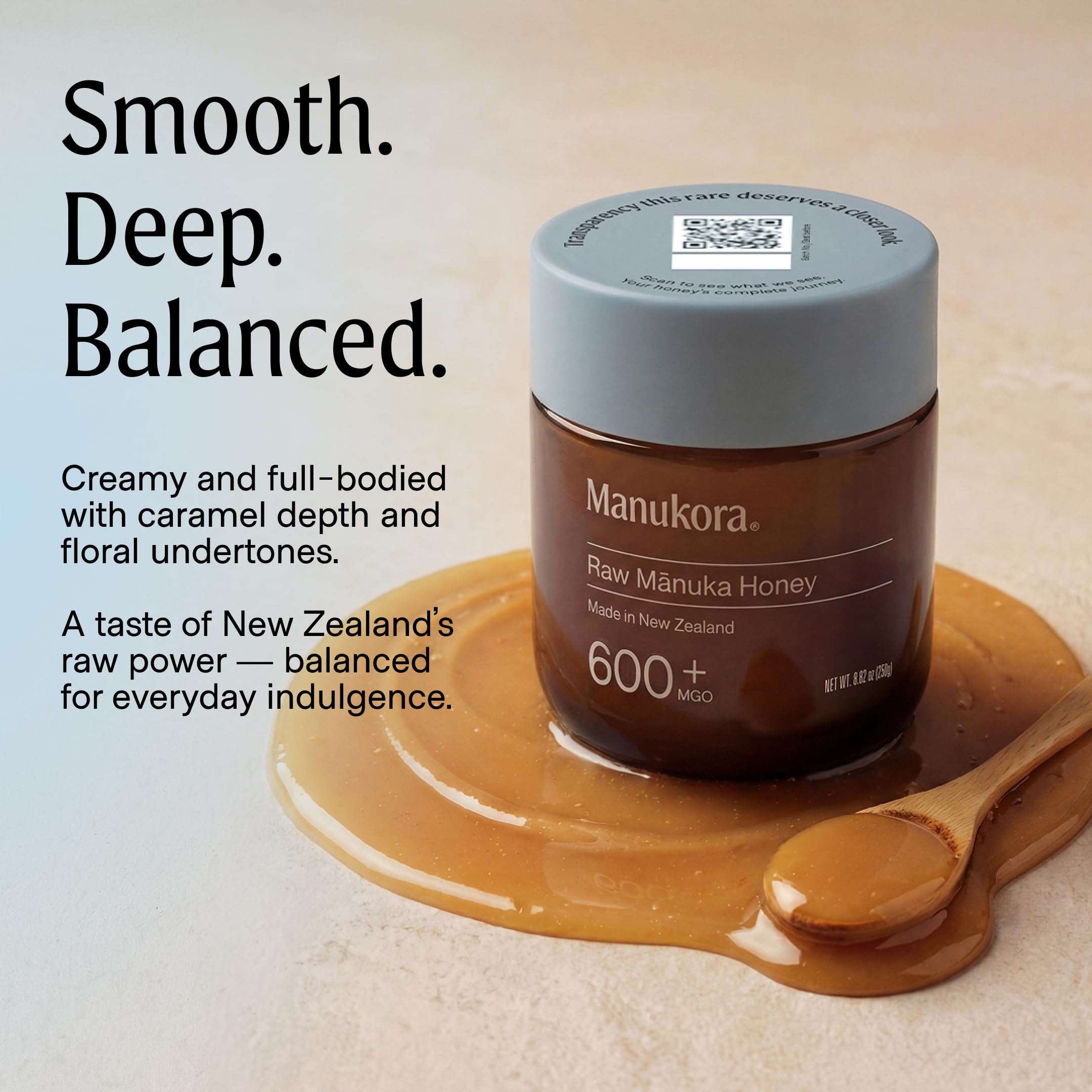 Manukora label detail with MGO 600+ badge emphasizing potency