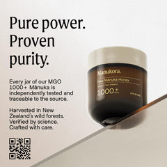 Manukora spoonful with amber drip highlighting richness benefit: intense flavor