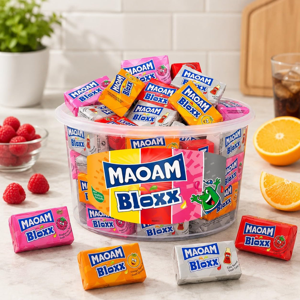 Maoam close-up unwrapped cube showing texture and vibrant color