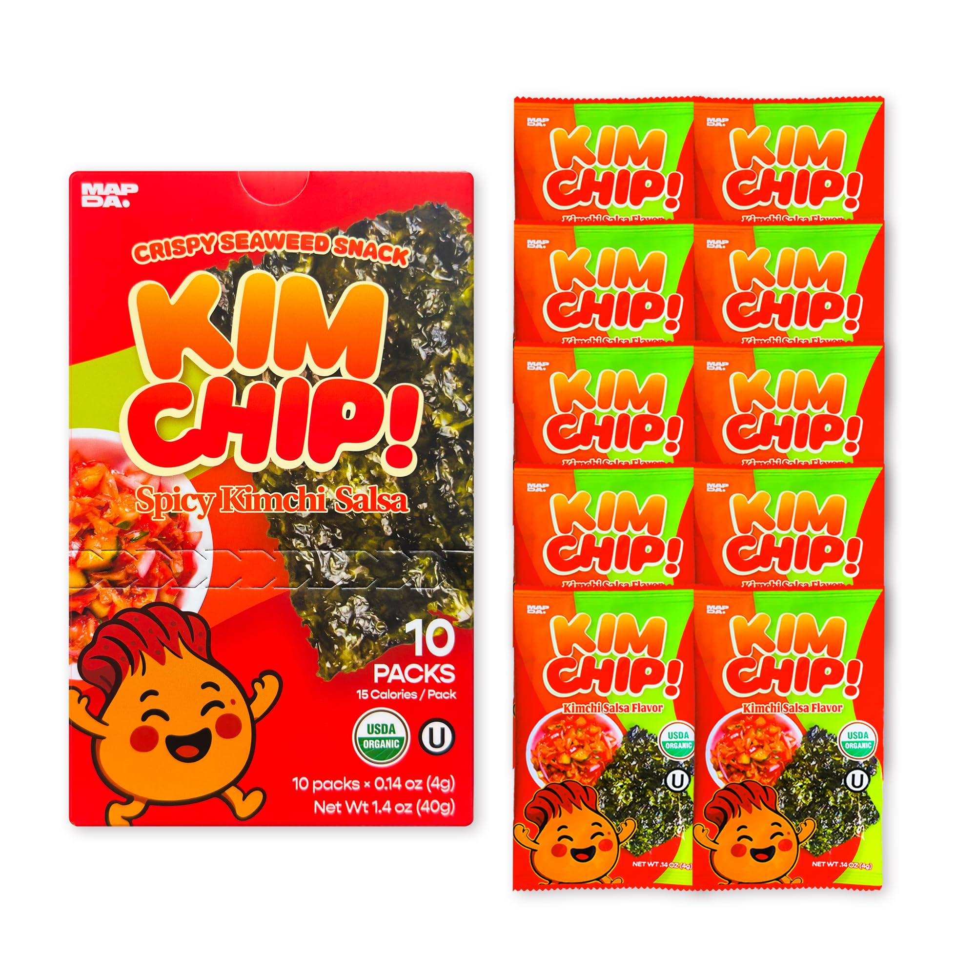 MAPDA kimchip front packaging showing 10-pack and spicy branding benefit: bold flavor