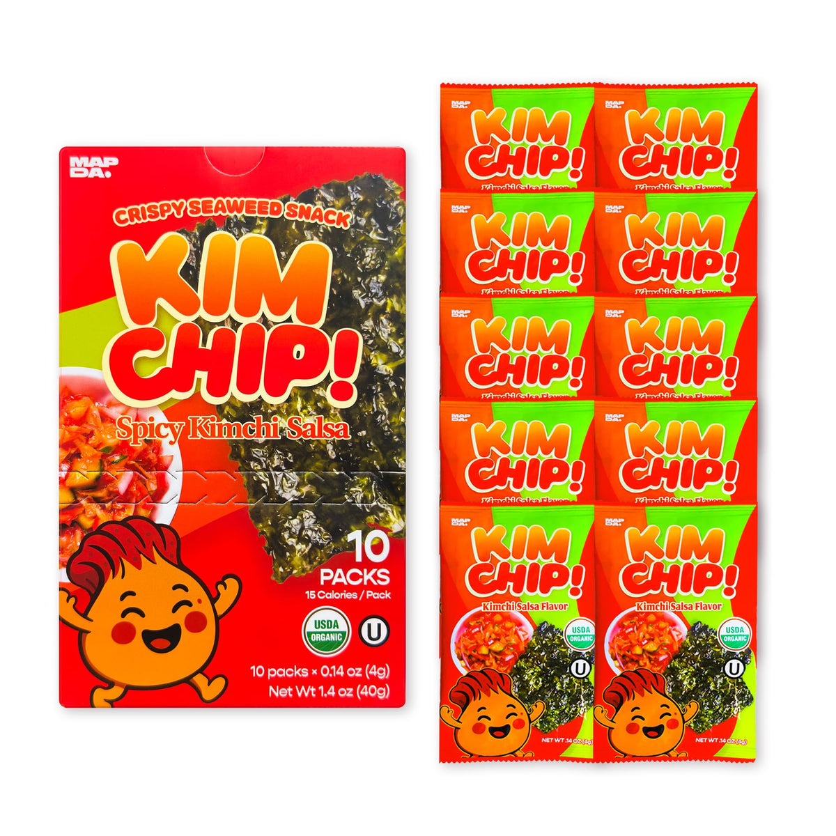 MAPDA kimchip front packaging showing 10-pack and spicy branding benefit: bold flavor