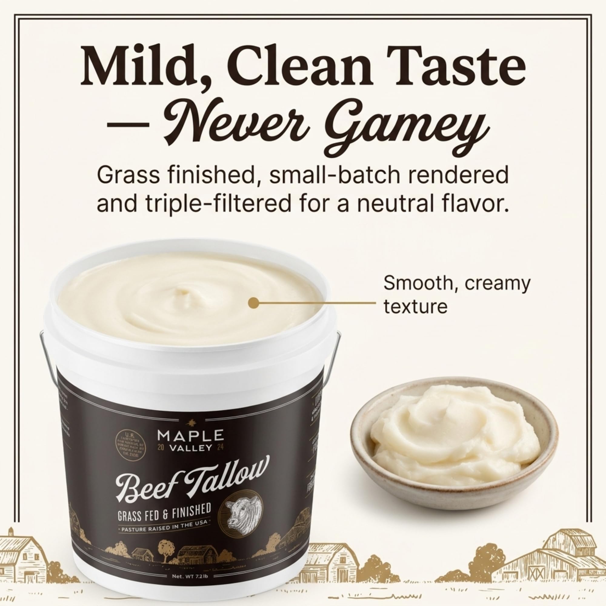 Close-up of triple-filtered Maple Valley tallow showing clean, lump-free texture for consistent use