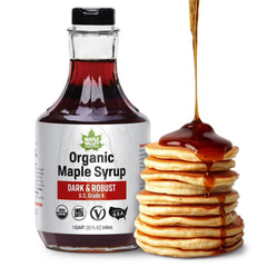 Maple Valley front glass bottle showing rich dark syrup and eco-friendly packaging