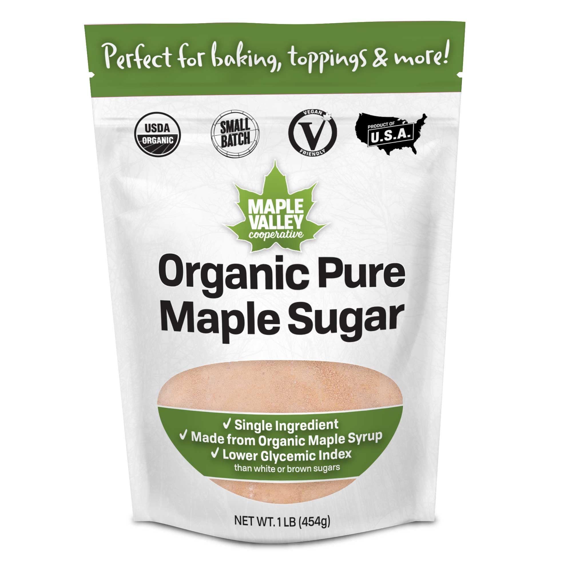 Maple Valley front packaging showing organic 1 lb bag and clear benefits