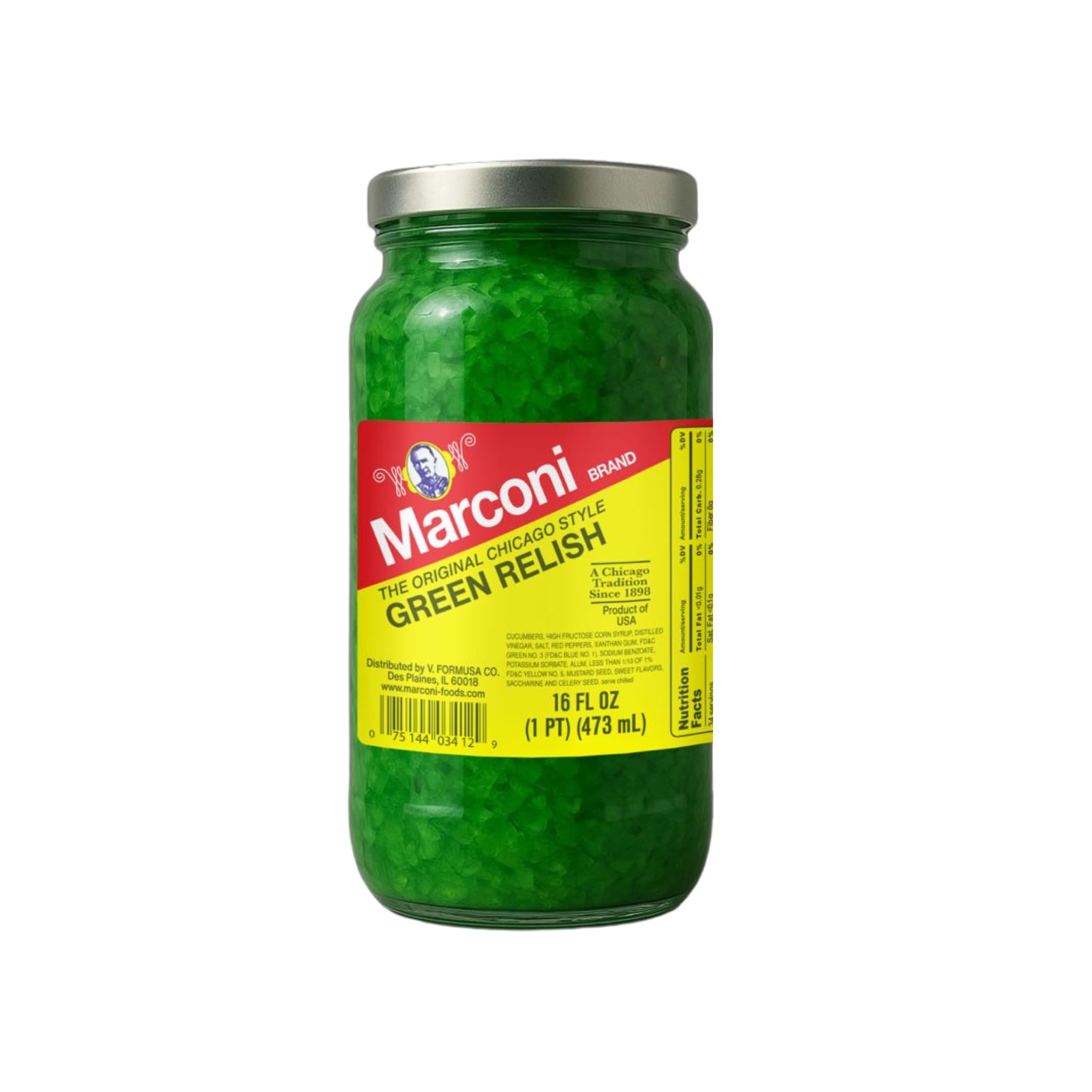 Marconi front jar showing label and bright relish, adds authentic Chicago flavor