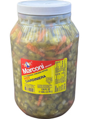 Marconi hot giardiniera front jar showing bulk packaging and visual appeal