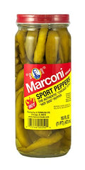 Marconi jar front label showing peppers and clear brine, ready to top dishes