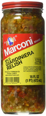Marconi mild giardiniera front label showing colorful vegetables and jar benefit
