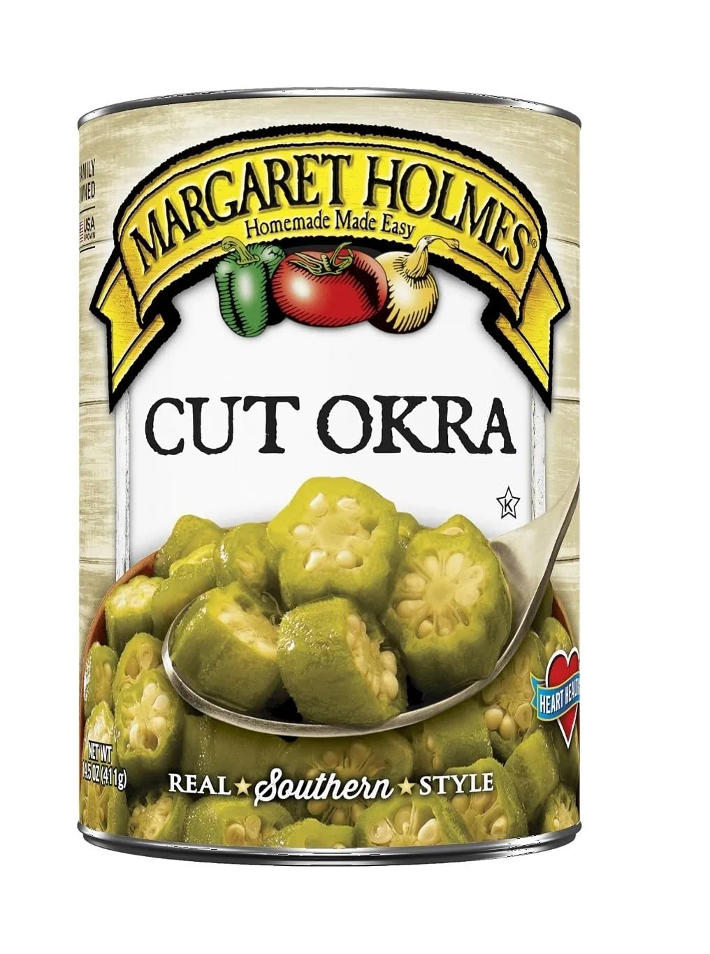Margaret Holmes front packaging of three 14.5 oz cans, convenient pantry staple