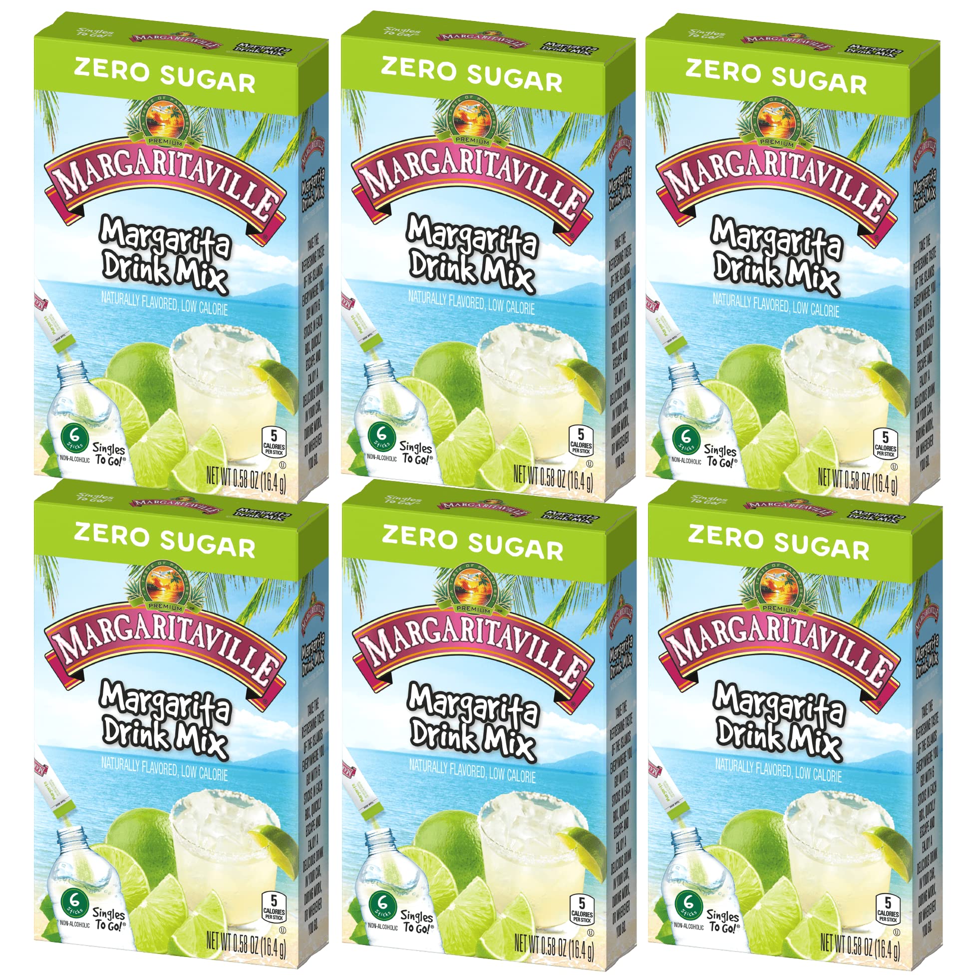 Margaritaville front packaging showing six boxes and 36 packets for quick stocking