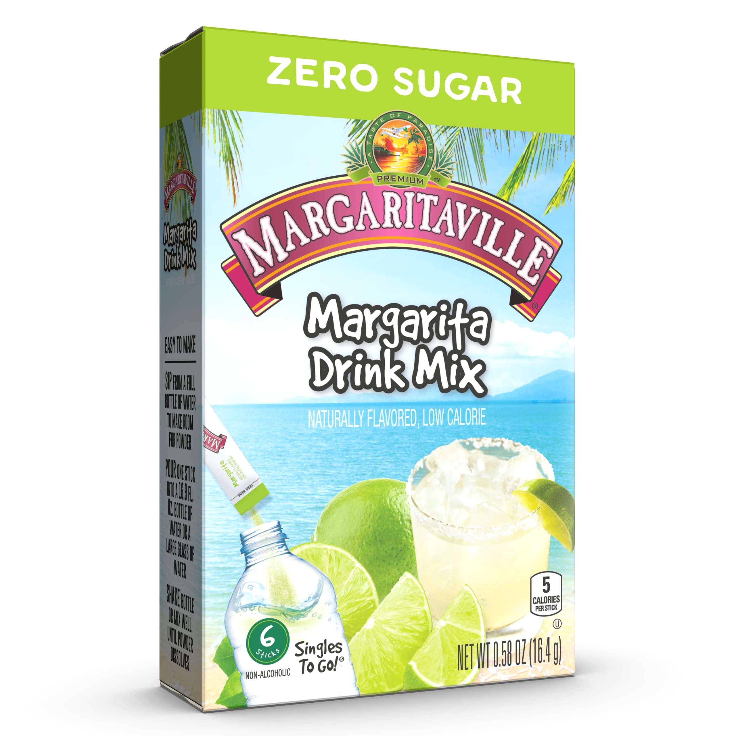 Margaritaville single-serve stick close-up highlighting portable packet convenience