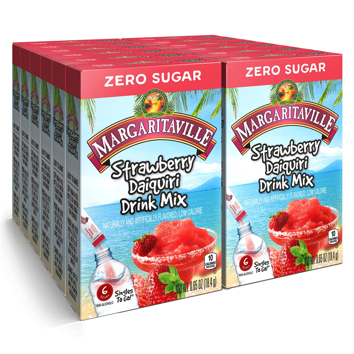 SINGLES TO GO! front packaging showing vibrant strawberry pack and benefit ready servings