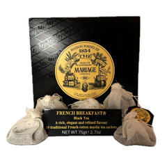 Mariage Frères box front showing branding and 30 muslin sachets for elegant storage and gifting