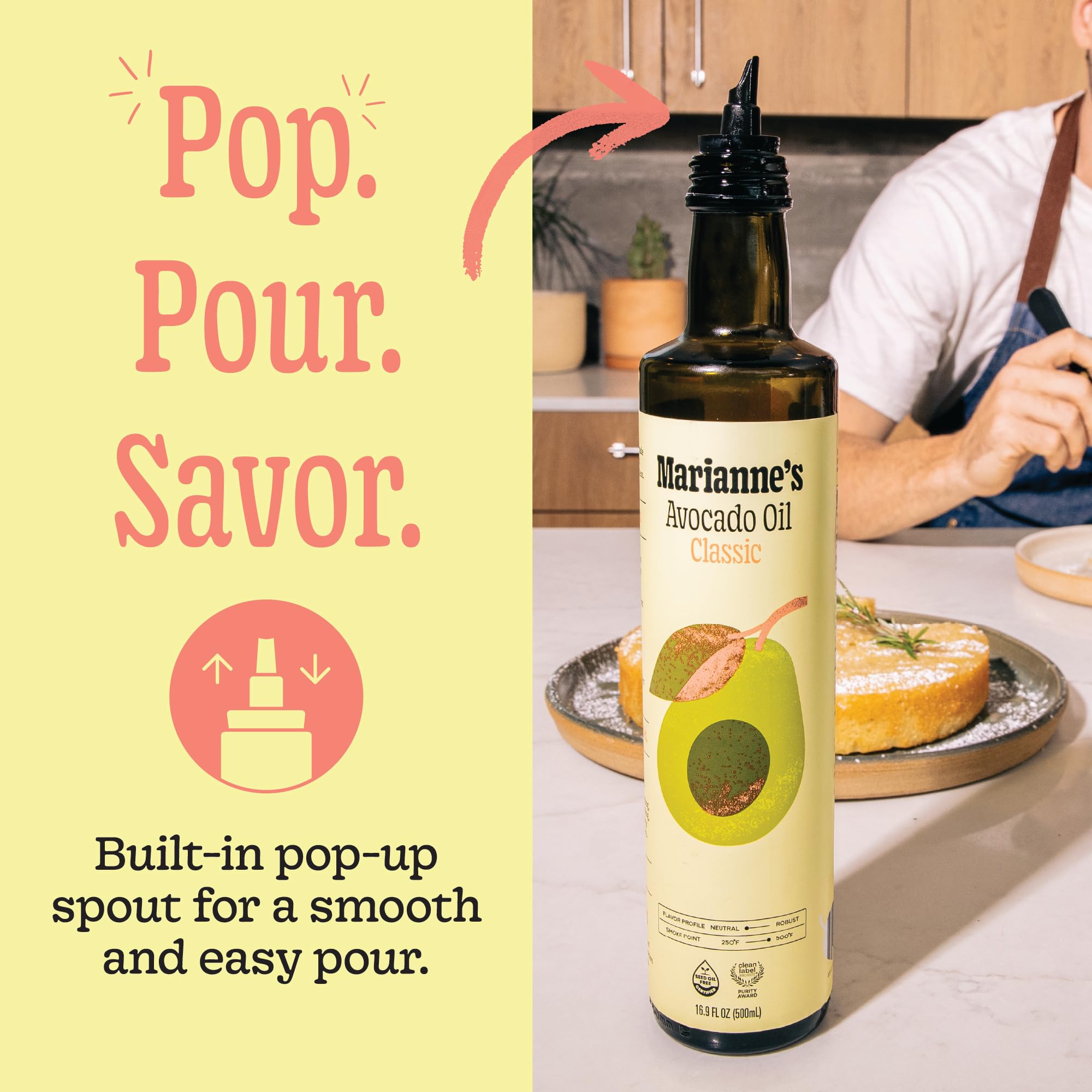 Marianne's Harvest bottle beside a measuring cup showing size and scale benefit