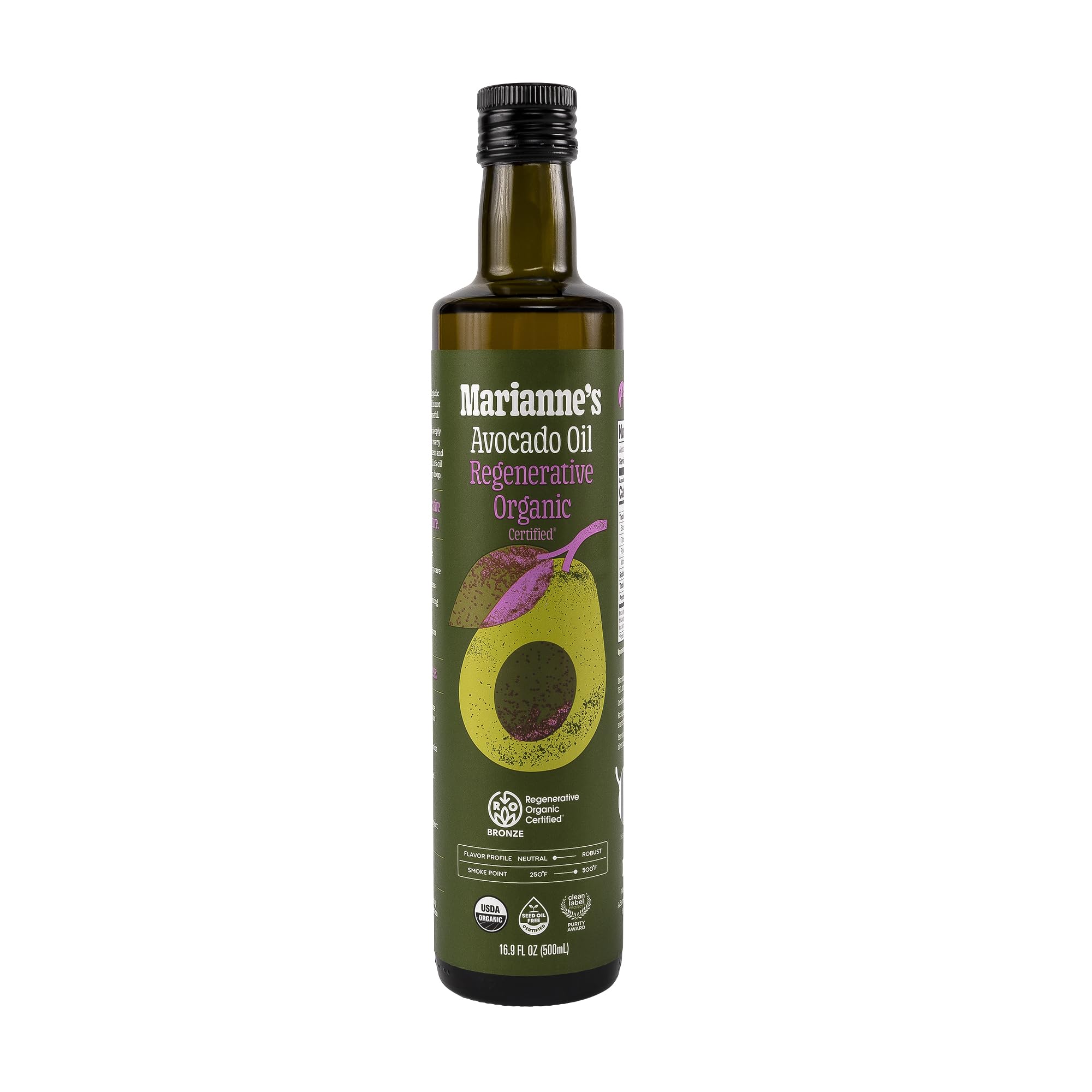 Marianne's Harvest bottle front label showing organic certification and clean design benefit clarity