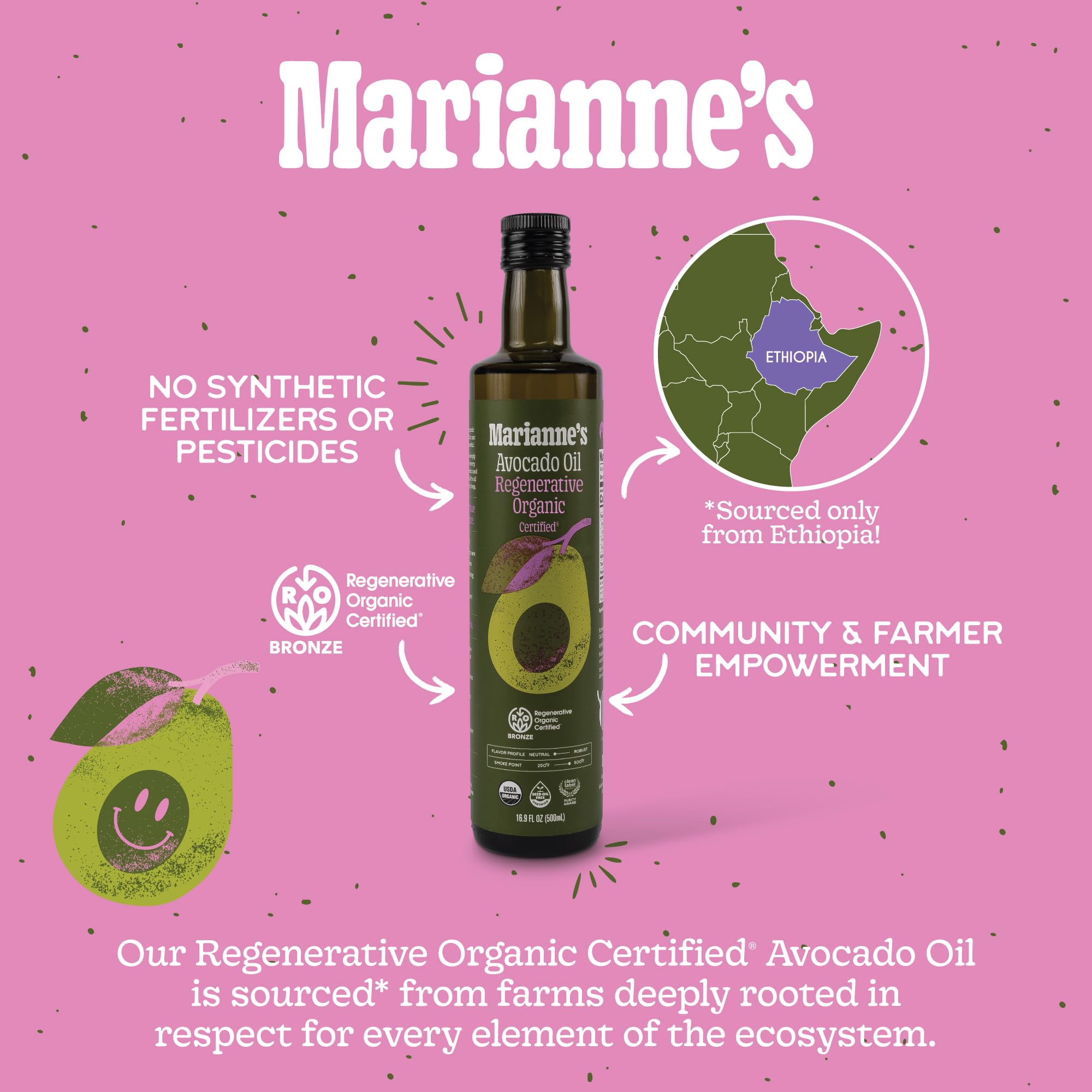 Marianne's Harvest bottle on counter with roasted vegetables showing reliable roasting performance