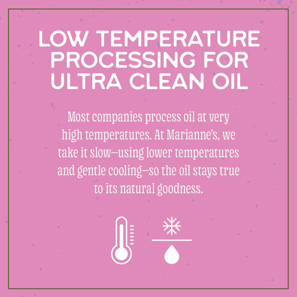 Marianne's Harvest oil surface sheen close-up showing consistent texture and neutral flavor