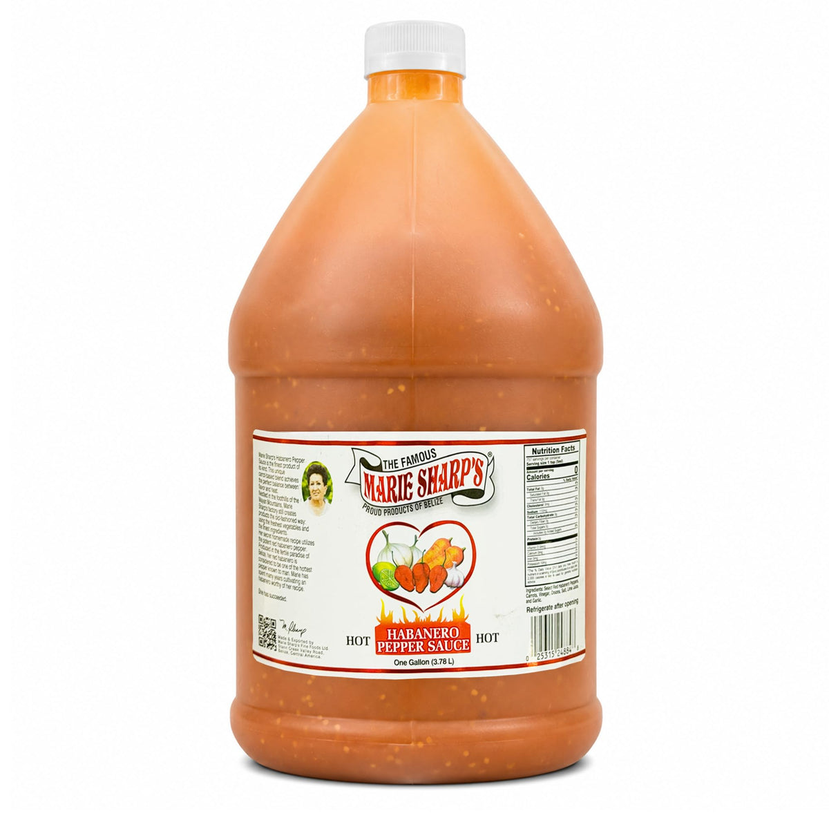 Marie Sharp's 1-gallon front label showing brand and product benefits