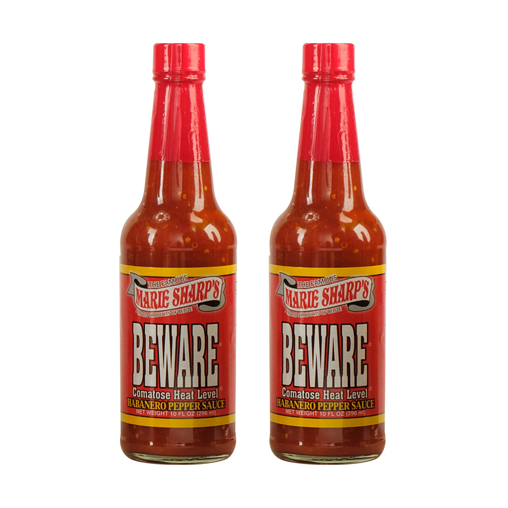 Marie Sharp's front bottle view showing bold label and intense hot sauce impact