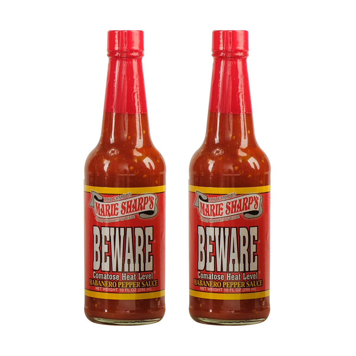 Marie Sharp's front bottle view showing bold label and intense hot sauce impact