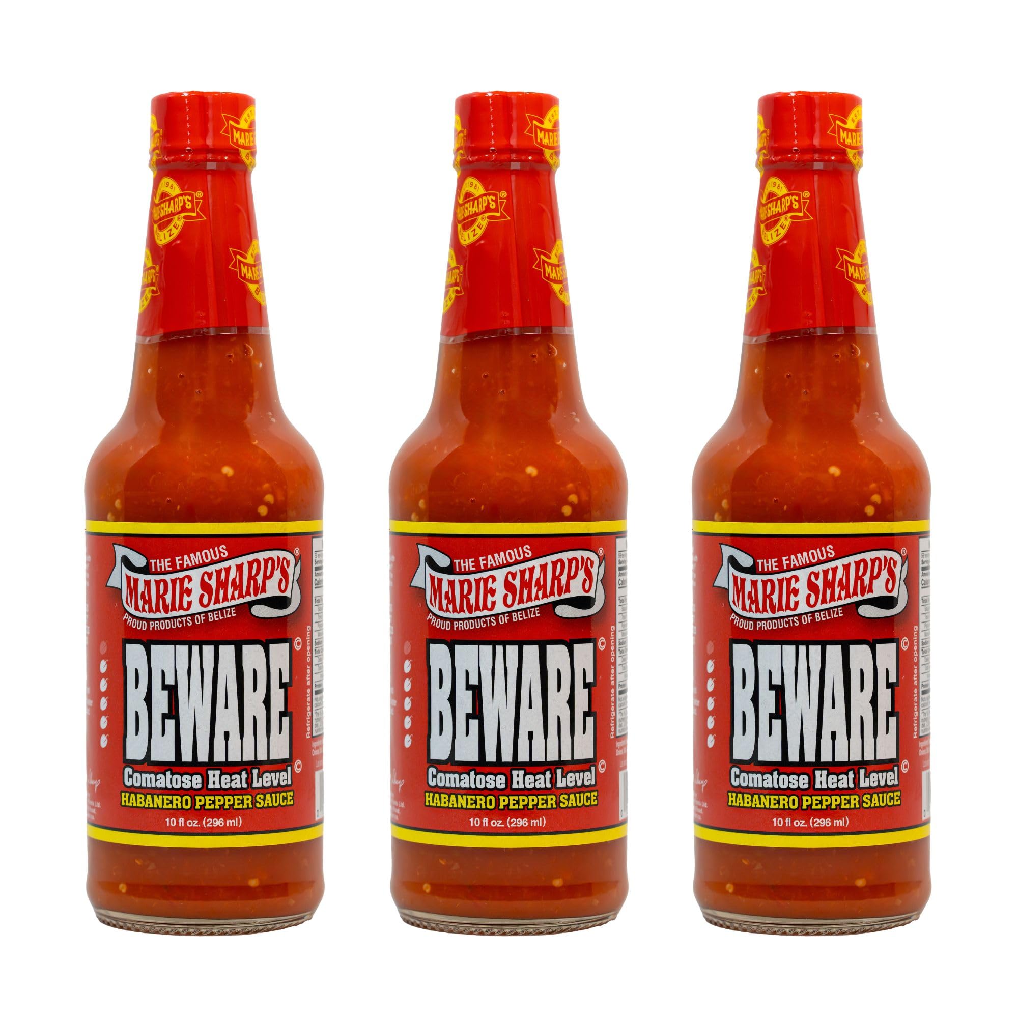 Marie Sharp's BEWARE front packaging showing bold red habanero sauce and brand badge