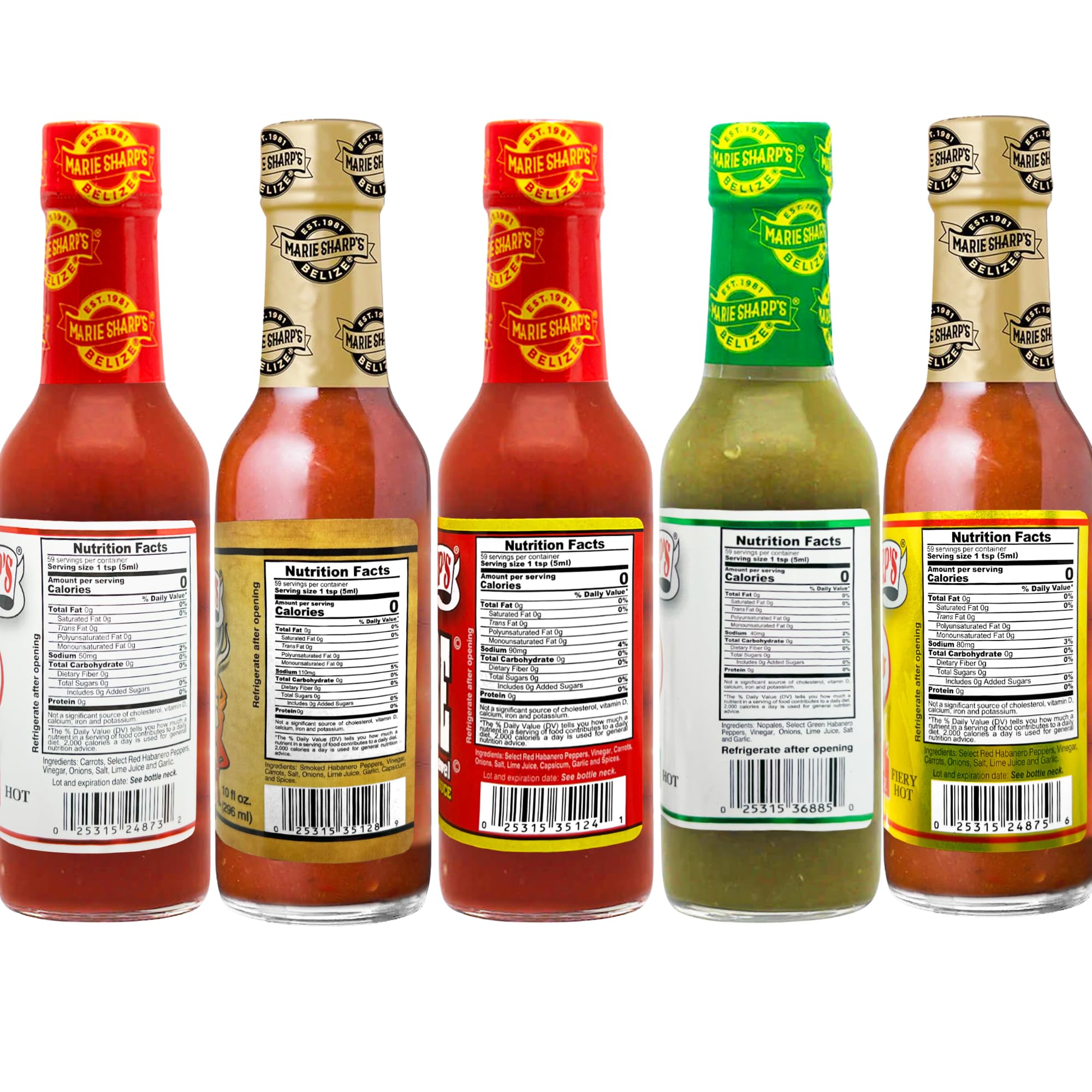Close-up of Marie Sharp's bottle labels highlighting flavor variety and clarity