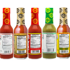 Close-up of Marie Sharp's bottle labels highlighting flavor variety and clarity