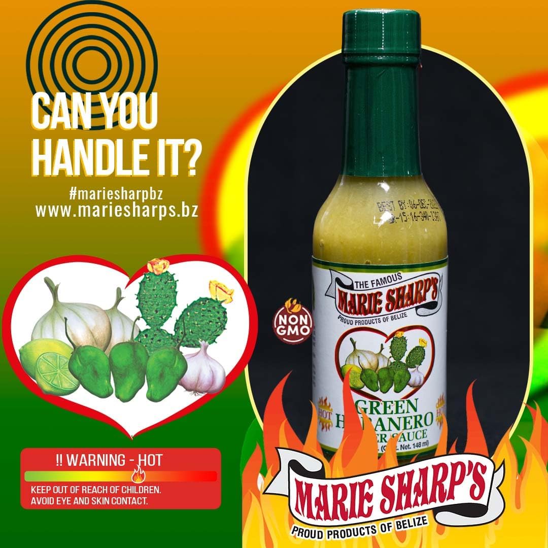 Marie Sharp's bottle beside prickly pear fruit showing the sauce's sweet-fruity note