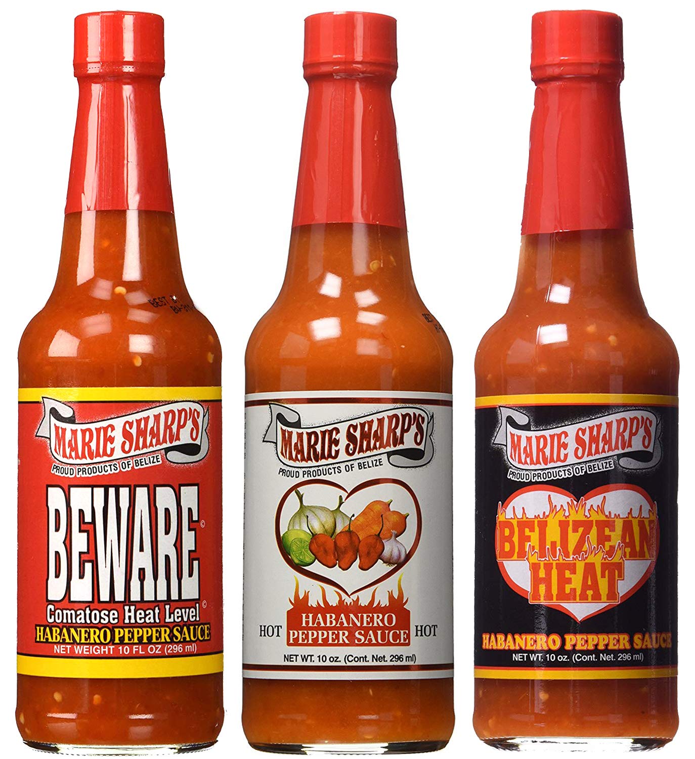 Marie Sharp's front bottle showing label and 10oz size, boosts flavor instantly