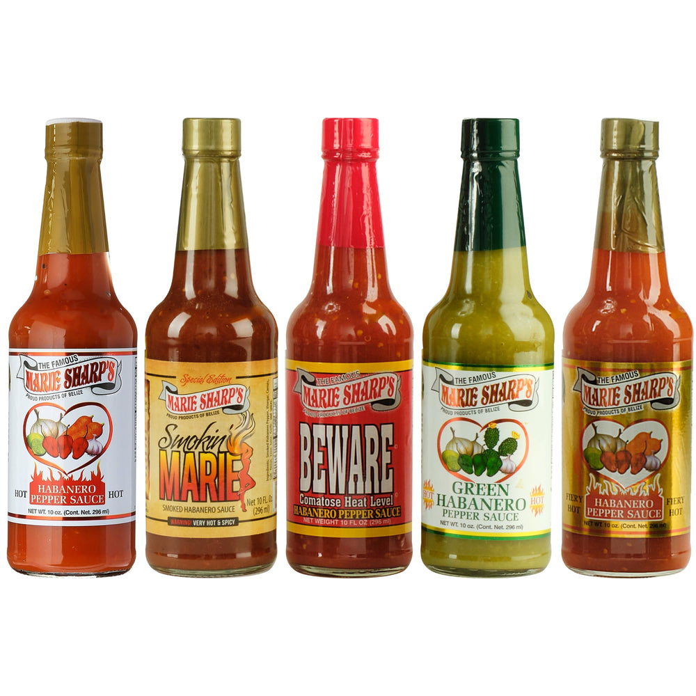 Marie Sharp's front packaging showing five 10 oz bottles and gift appeal