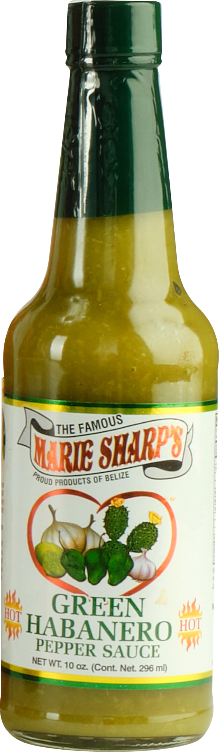 Marie Sharp's front bottle view showing bright green sauce and clear label benefit